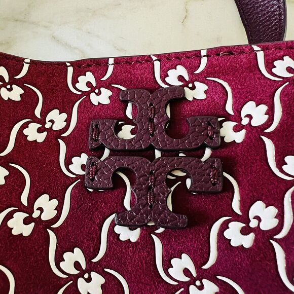 TORY BURCH McGraw Burgundy Leather High Frequency Small Bucket Crossbody Bag - Picture 3 of 11